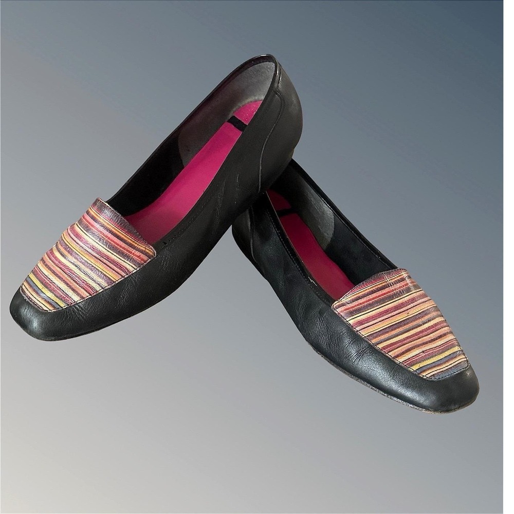 90s Enzo Angiolini Liberty Black Leather Striped Square Toe Flats Shoes W 8.5M